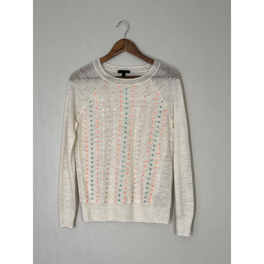 J. Crew Linen Stacked Beaded Sweater in Ivory Snowflake/ Size S